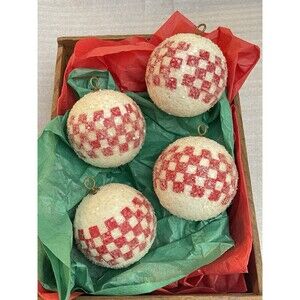 VTG Mica Frosted Ornaments Red White Checker 2" lot of 4 Mid Century Christmas